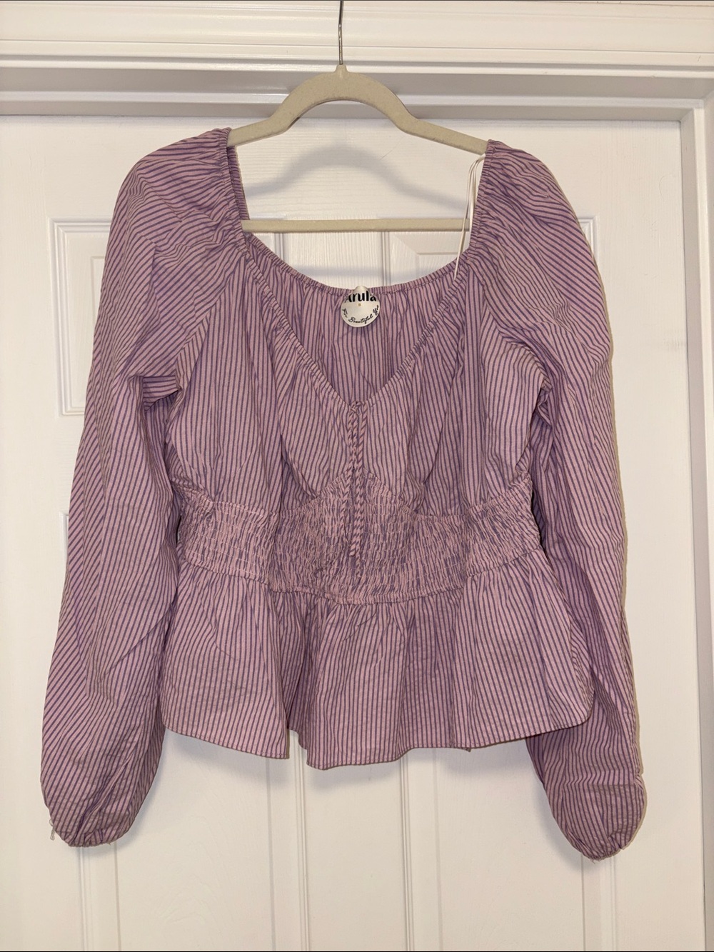 ARULA Lavender & Pink Striped Peplum Long-Sleeve Blouse